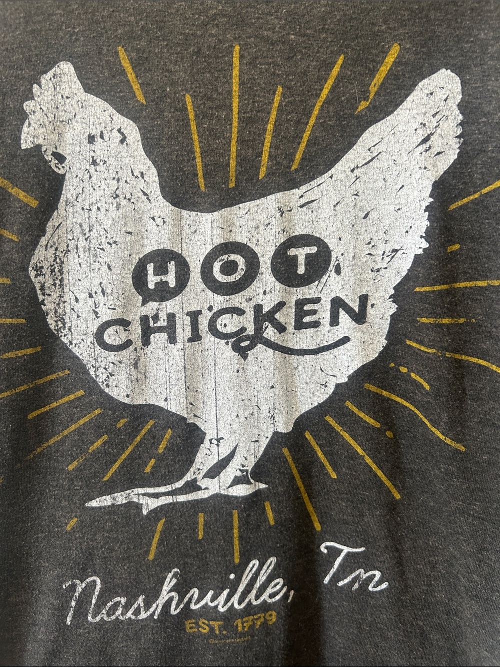 Hot Chicken Nashville Graphic Tee - Charcoal with White & Gold Print